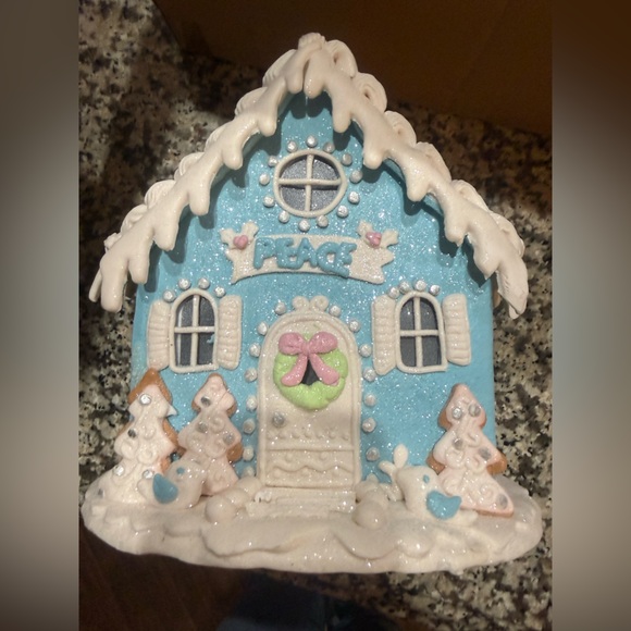 8.5” Peace Blue and White Valerie Parr Gingerbread House - Picture 3 of 12